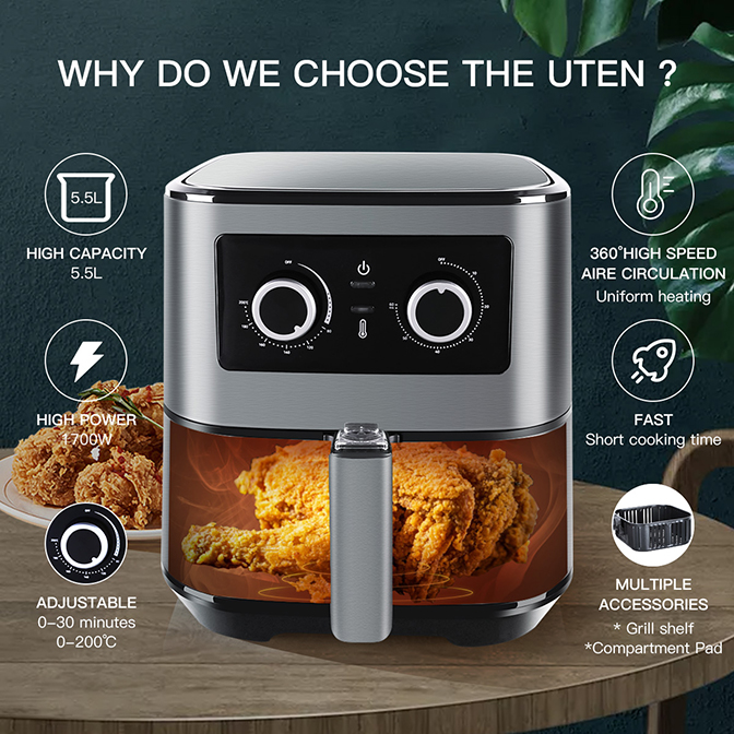 Air Fryer 1700W 5.5L with Digital Display Adjustable Temperature