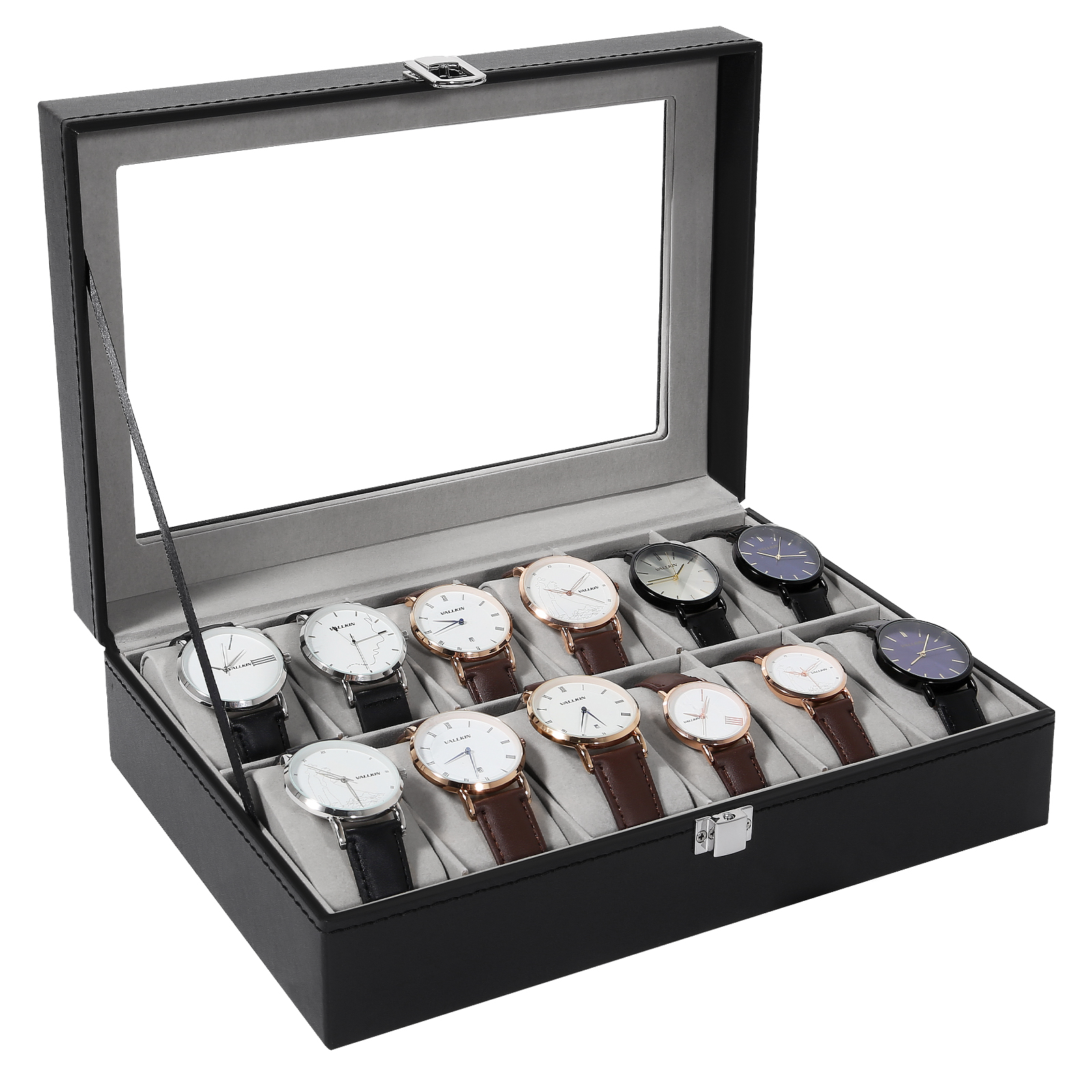 Caja de soporte de relojes para hombre y mujer, organizador de joyería de  cristal, de cuero PU, 3 y 6 rejillas, color negro